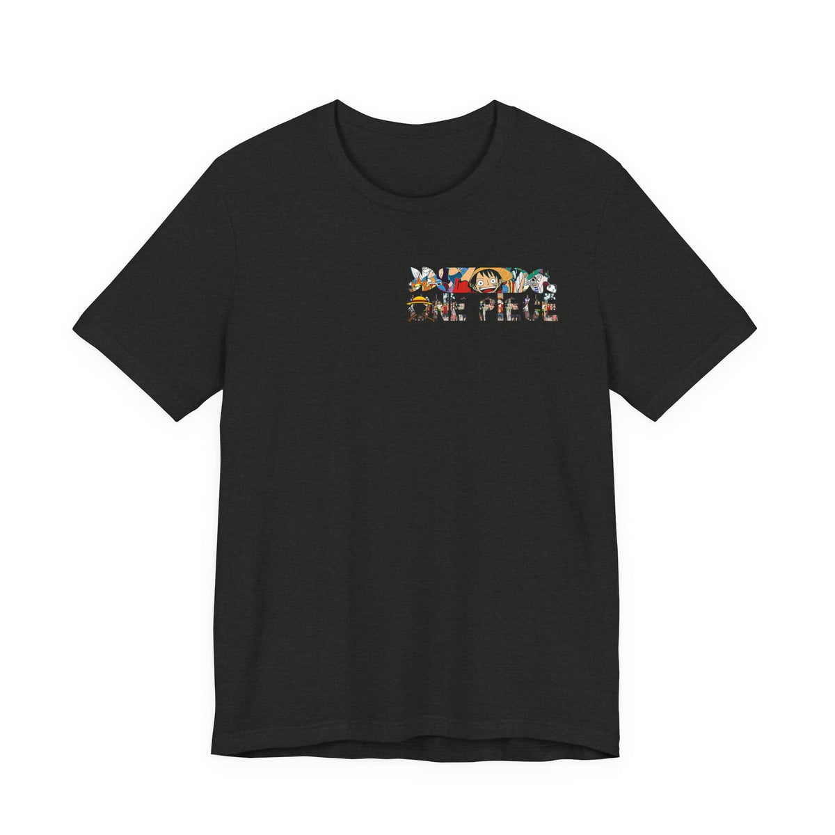CanvasPrismatique black cotton t-shirt featuring a small One Piece Luffy graphic logo on the front chest