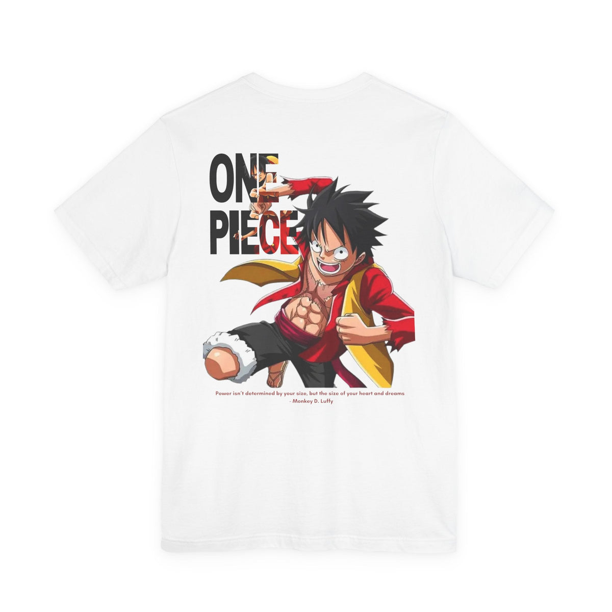 CanvasPrismatique white cotton t-shirt featuring a large, vibrant back graphic of Luffy from One Piece.