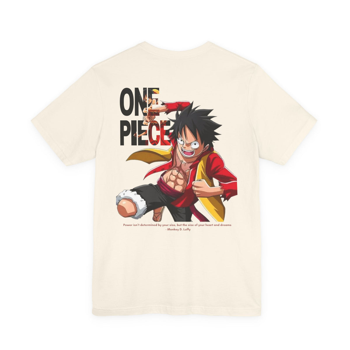 CanvasPrismatique cream cotton t-shirt featuring a large, vibrant back graphic of Monkey D. Luffy from One Piece.