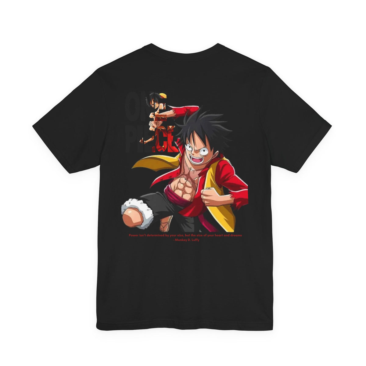 CanvasPrismatique black cotton t-shirt featuring a vibrant back graphic of Monkey D. Luffy from One Piece