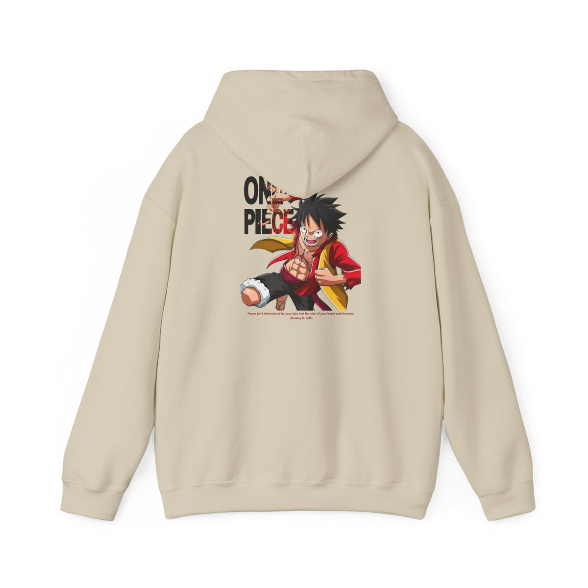 CanvasPrismatique beige One Piece Luffy graphic hoodie featuring a dynamic character print on the back