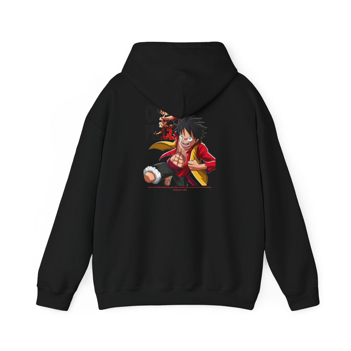 CanvasPrismatique black One Piece Luffy graphic hoodie with a vibrant dynamic character print on the back