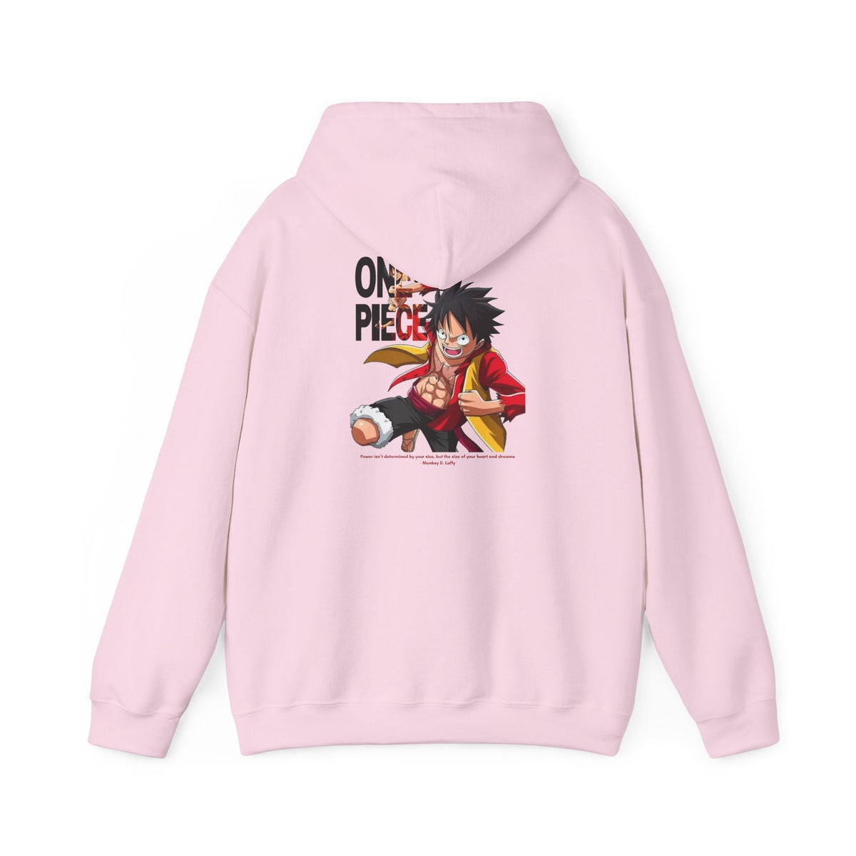 CanvasPrismatique light pink One Piece Luffy graphic hoodie featuring a dynamic back print of Monkey D. Luffy.