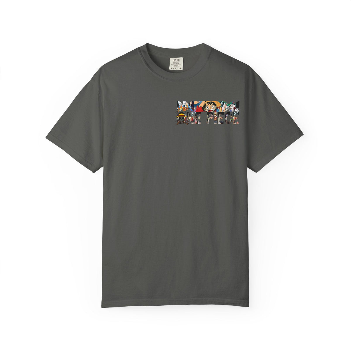 CanvasPrismatique charcoal grey One Piece graphic t-shirt with a small anime character logo on the chest