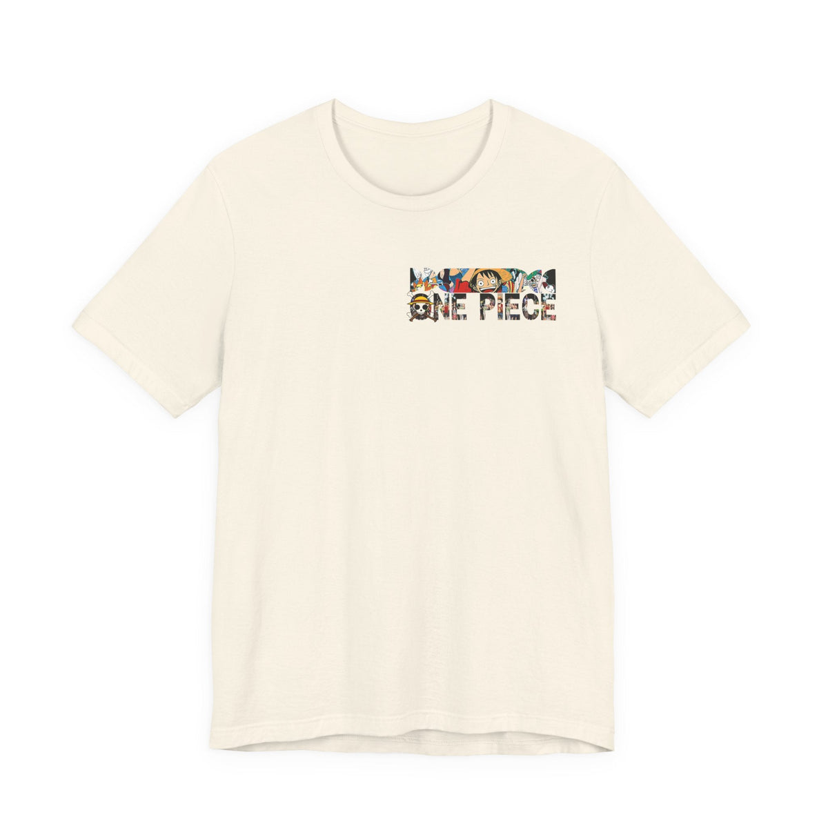 CanvasPrismatique cream cotton crew neck t-shirt featuring a small One Piece graphic on the left chest