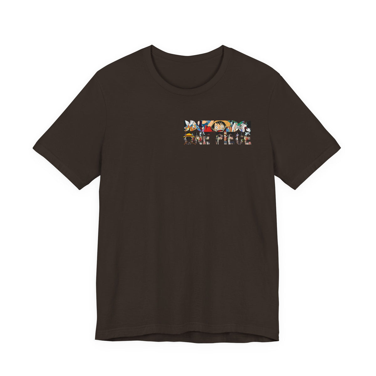 CanvasPrismatique dark brown cotton t-shirt featuring a small One Piece logo graphic on the front chest.