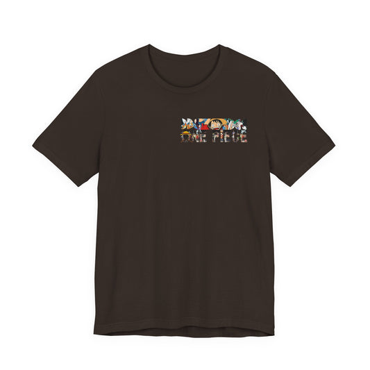 CanvasPrismatique dark brown cotton t-shirt featuring a small One Piece logo graphic on the front chest.