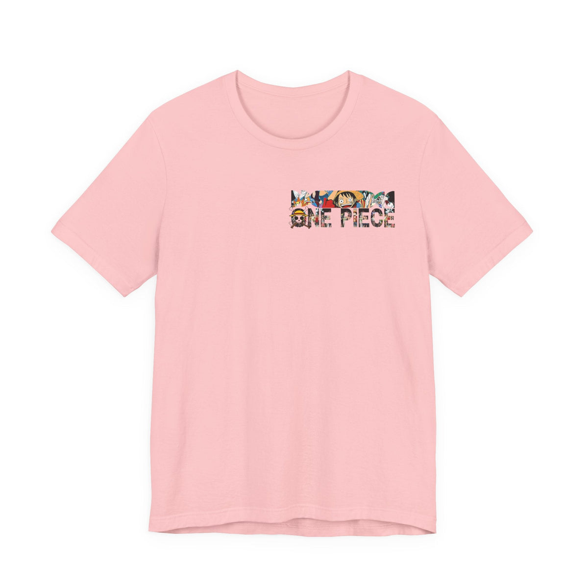 CanvasPrismatique light pink cotton crew neck t-shirt featuring a One Piece Luffy graphic on the chest