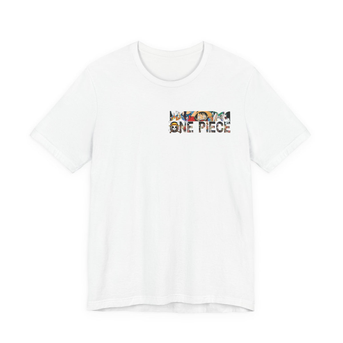 CanvasPrismatique white cotton crew neck t-shirt featuring a small One Piece graphic on the left chest