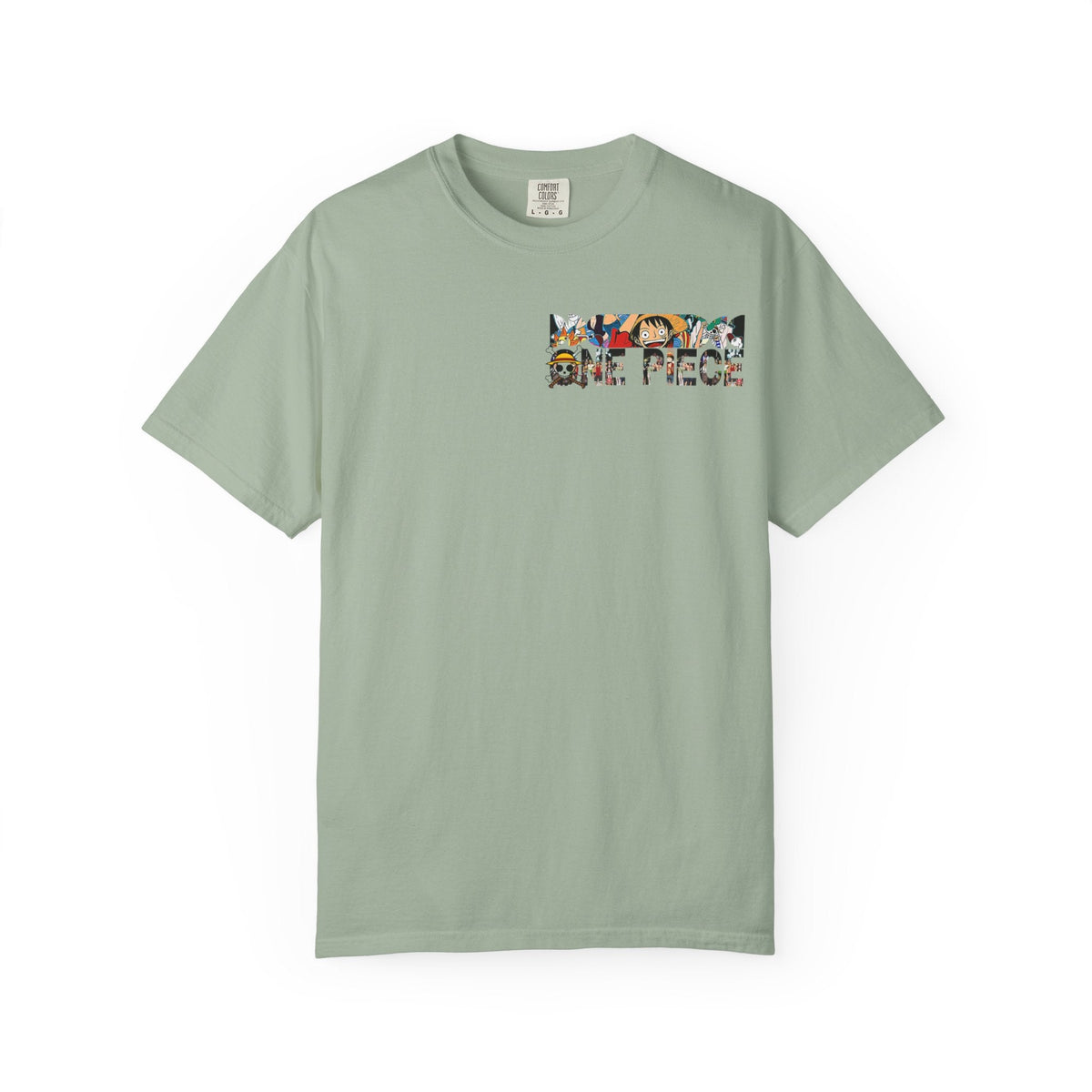 CanvasPrismatique sage green One Piece Zoro graphic t-shirt with a small chest print featuring anime character art.