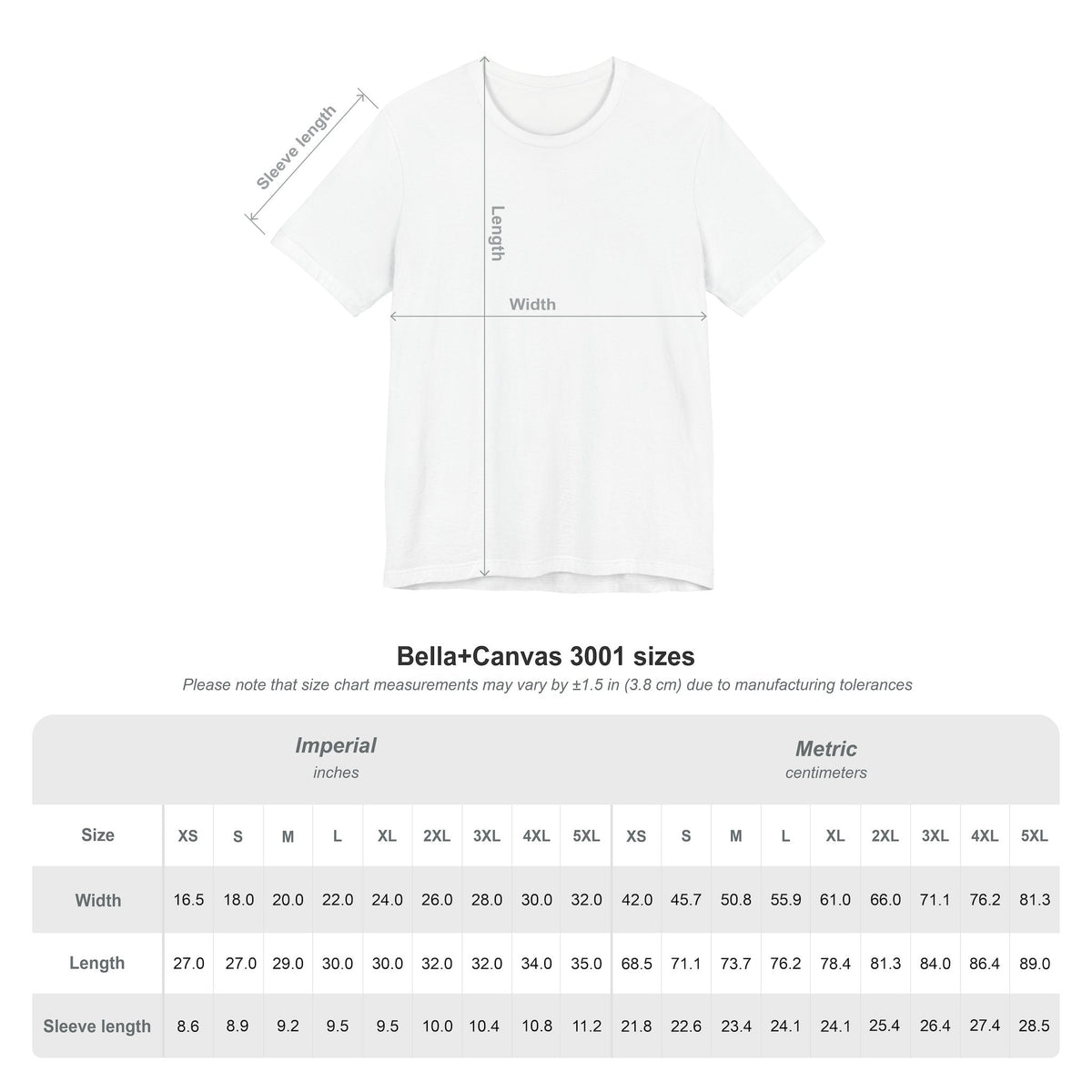 CanvasPrismatique size guide chart for Bella+Canvas 3001 t-shirt showing width, length, and sleeve measurements.