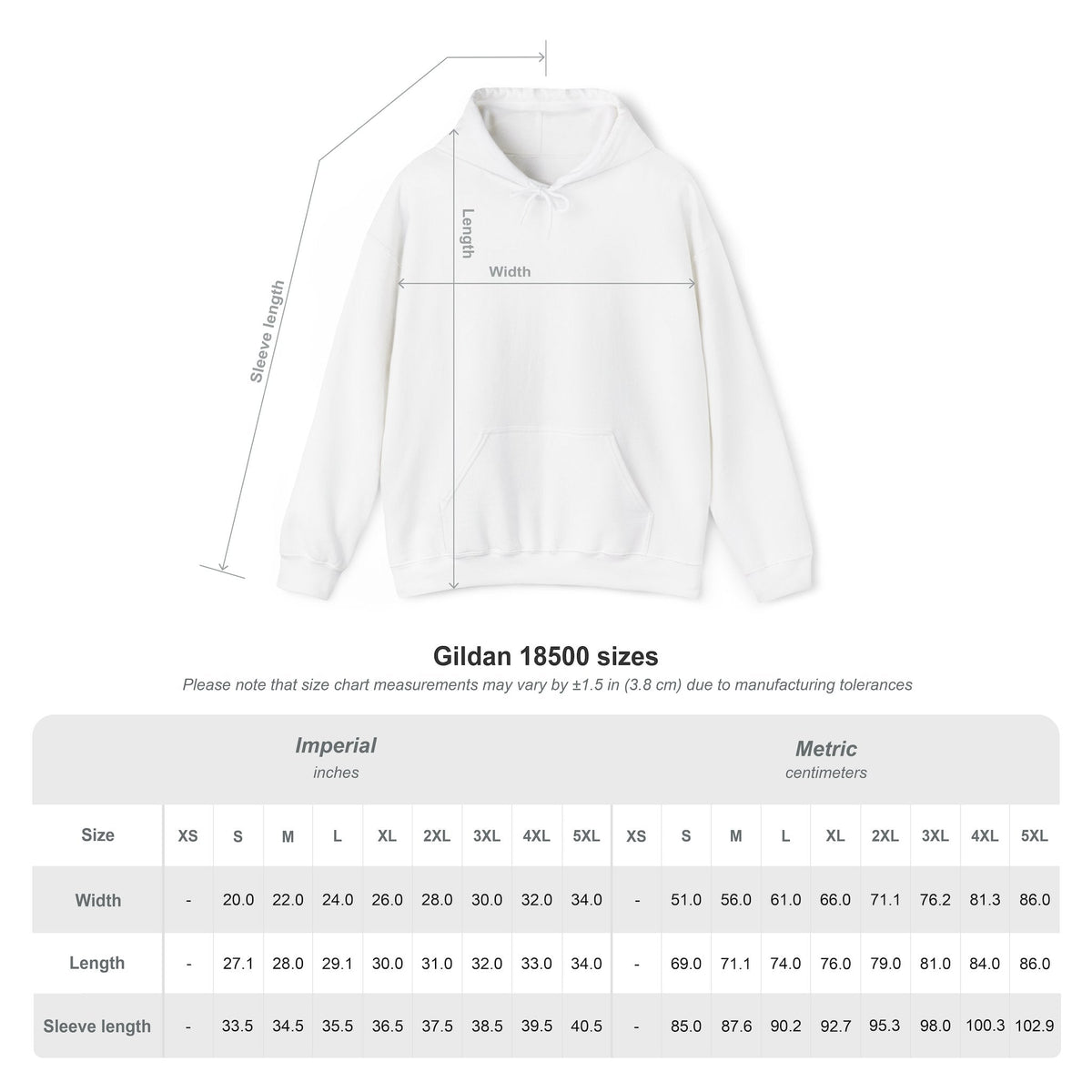 CanvasPrismatique white hooded sweatshirt size chart with measurement lines for length, width, and sleeve length.