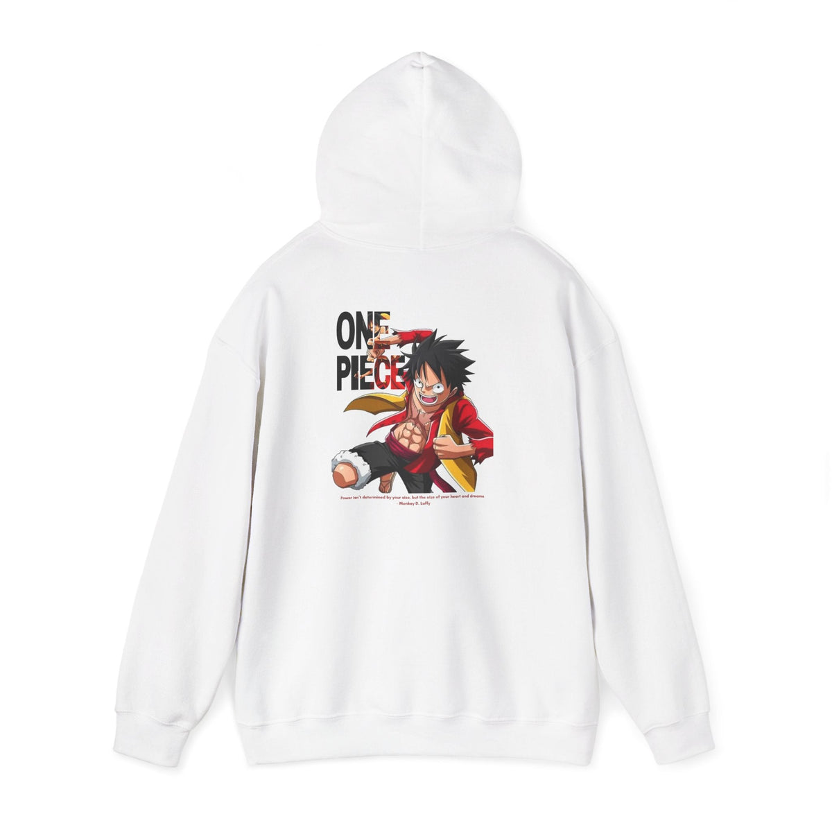 CanvasPrismatique white One Piece hoodie featuring a vibrant back print of Monkey D. Luffy in a dynamic action pose.