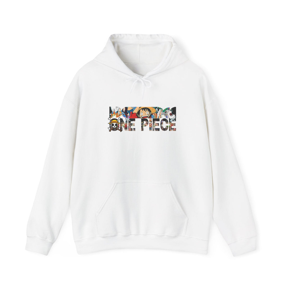 CanvasPrismatique white One Piece Luffy graphic hoodie with a vibrant anime collage logo and kangaroo pocket