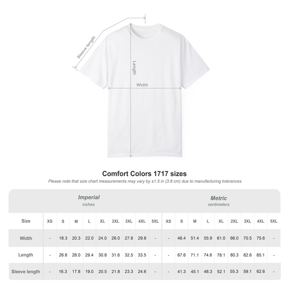 CanvasPrismatique white cotton t-shirt size chart showing measurements for length, width, and sleeve length