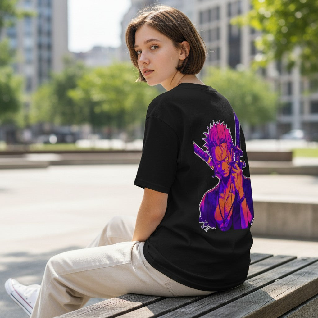 CanvasPrismatique black heavyweight cotton t-shirt featuring vibrant Zoro anime character art on the back