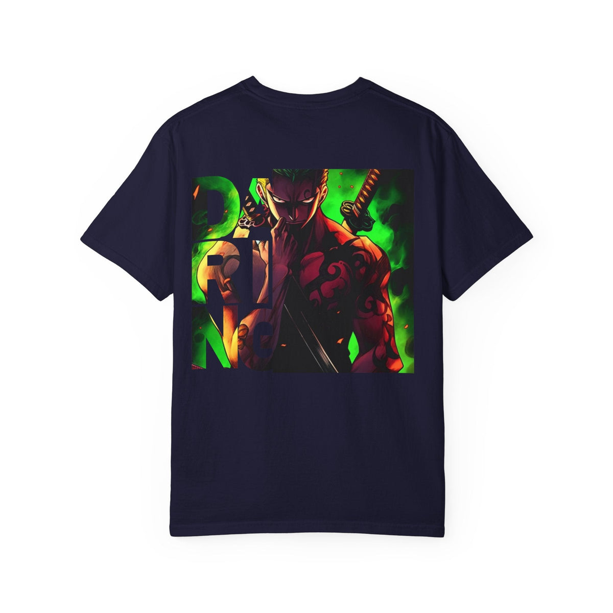 CanvasPrismatique navy blue cotton t-shirt featuring a back graphic of Zoro from One Piece with green aura