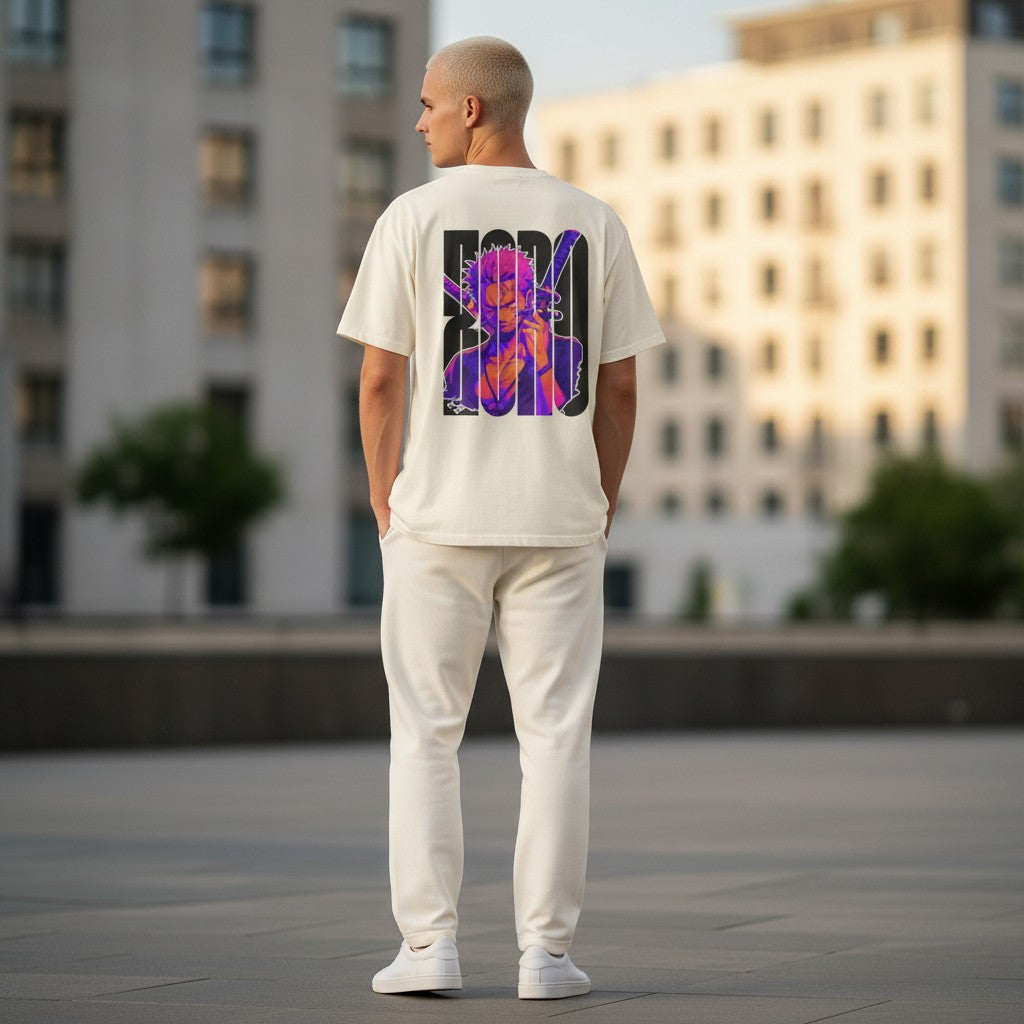 CanvasPrismatique off-white heavyweight cotton t-shirt featuring back Zoro anime graphic print on a male model